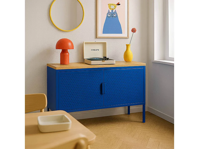 Buffet moderne 2 portes L100 cm en métal bleu foncé