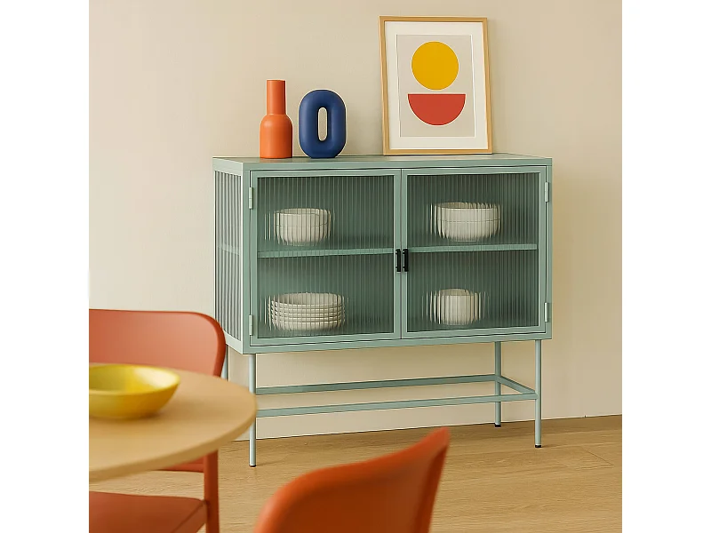 Modern 2-deurs dressoir 110 cm in metaal en saliegroen glas