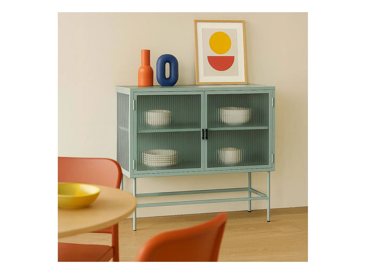 Buffet moderne 2 portes 110 cm en métal et verre vert sauge