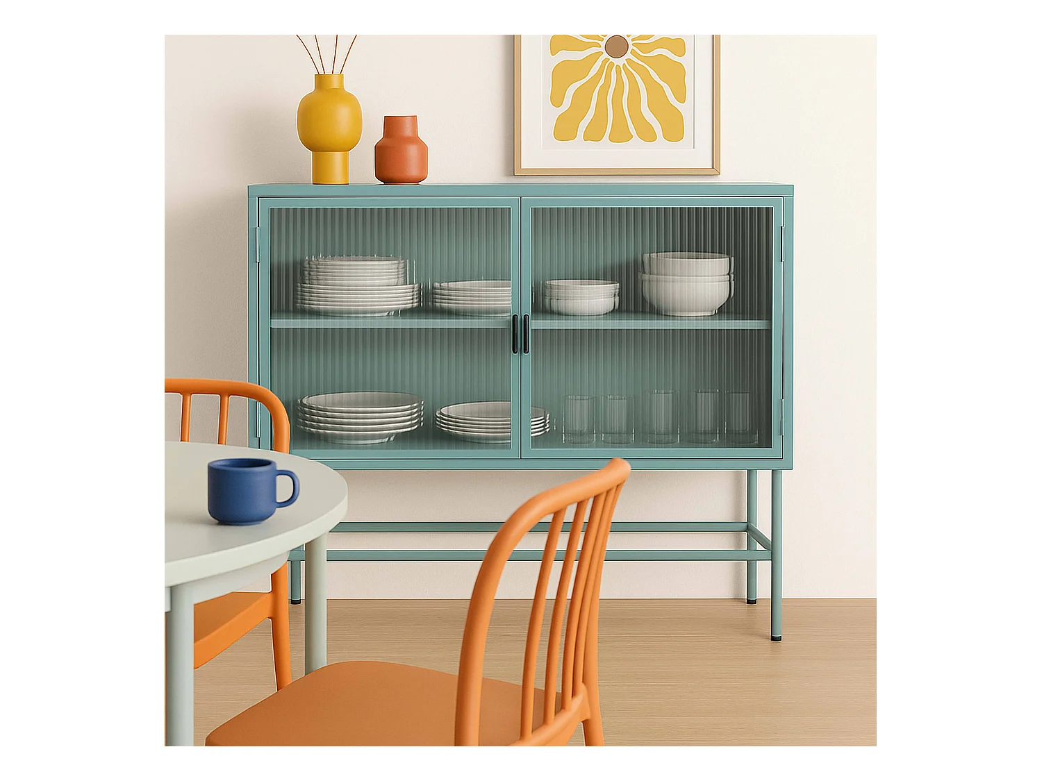 Buffet moderne 2 portes 110 cm en métal et verre vert sauge