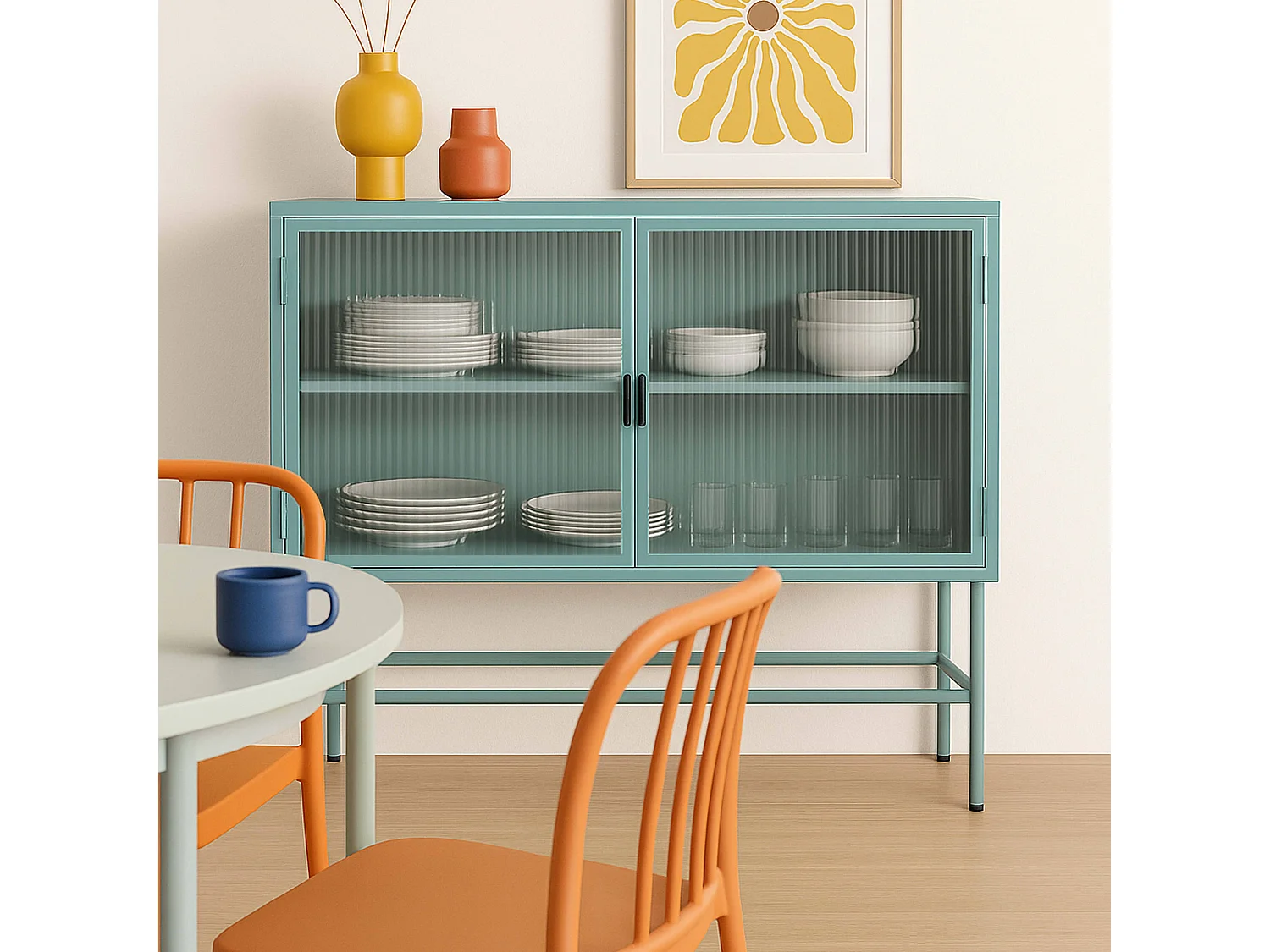 Buffet moderne 2 portes 110 cm en métal et verre vert sauge