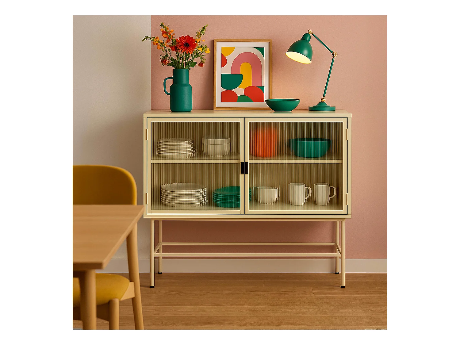 Buffet moderne 2 portes 110 cm en métal et verre écru