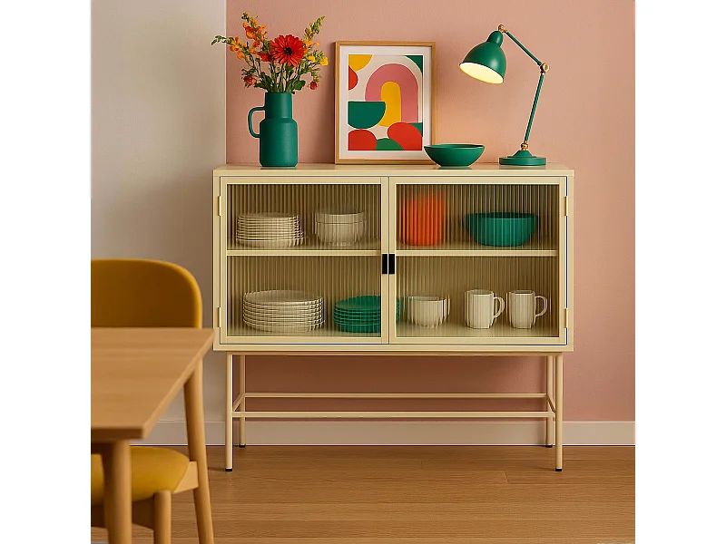 Buffet moderne 2 portes 110 cm en métal et verre écru