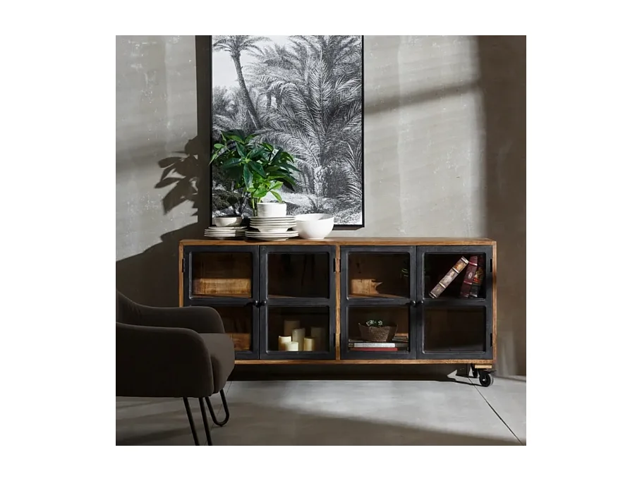 Bahut en bois de manguier noir naturel 160 cm, roues en métal et étagères spacieuses LAGUNA