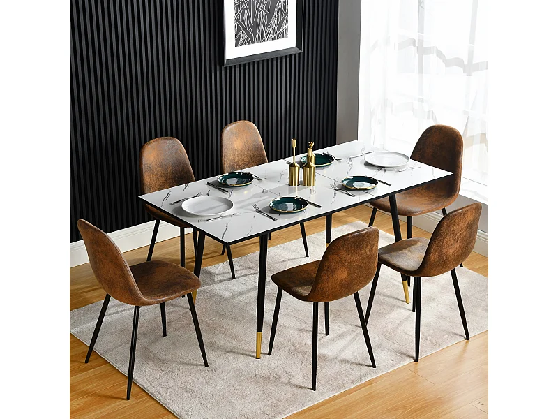 URBAN MEUBLE Ensemble table extensible marbre blanc et 6 chaises suède brun
