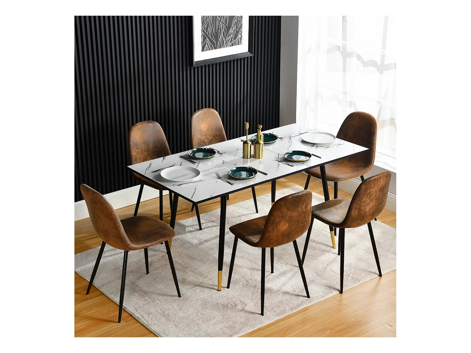 URBAN MEUBLE Ensemble table extensible marbre blanc et 6 chaises suède brun