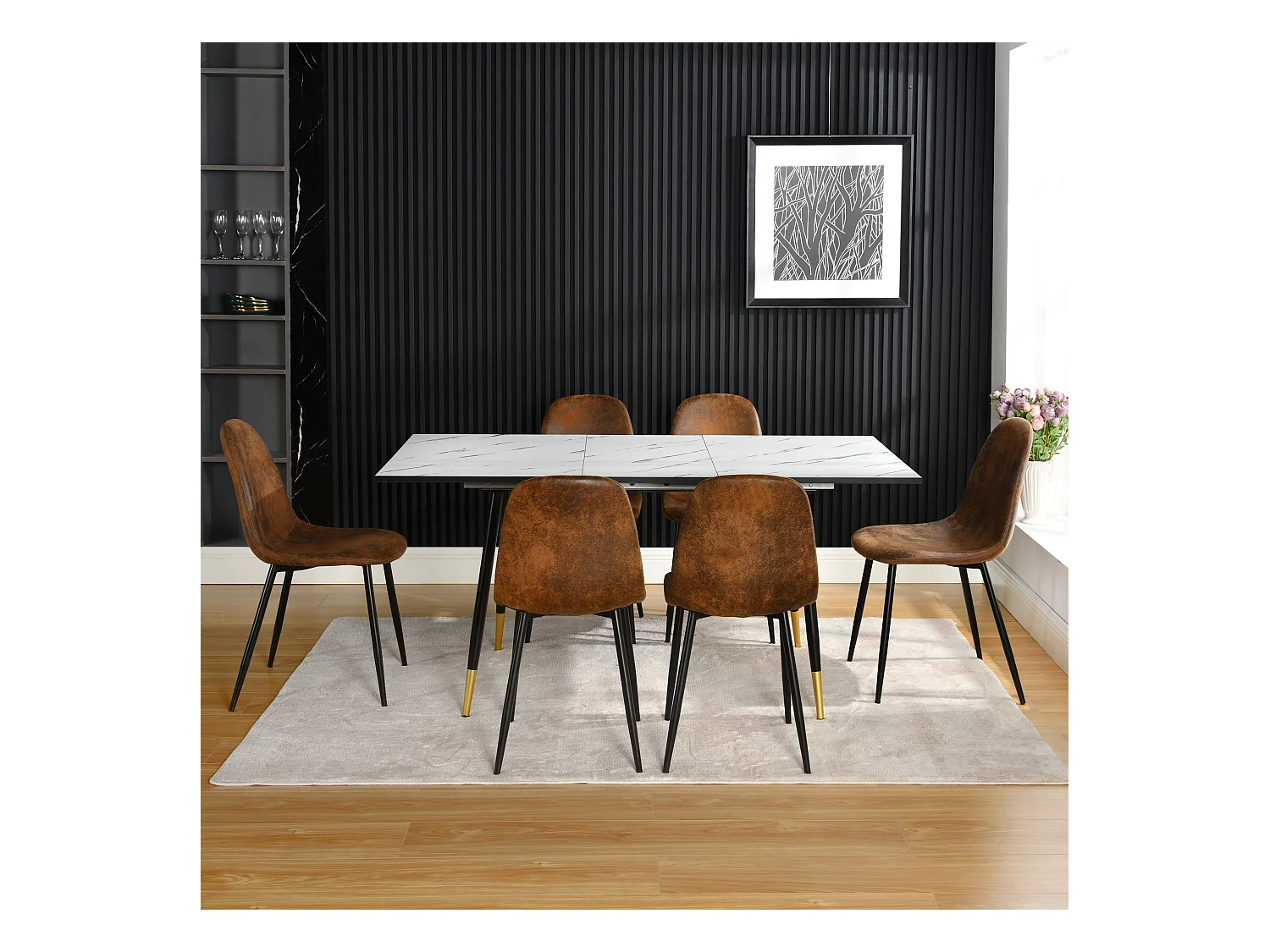 URBAN MEUBLE Ensemble table extensible marbre blanc et 6 chaises suède brun