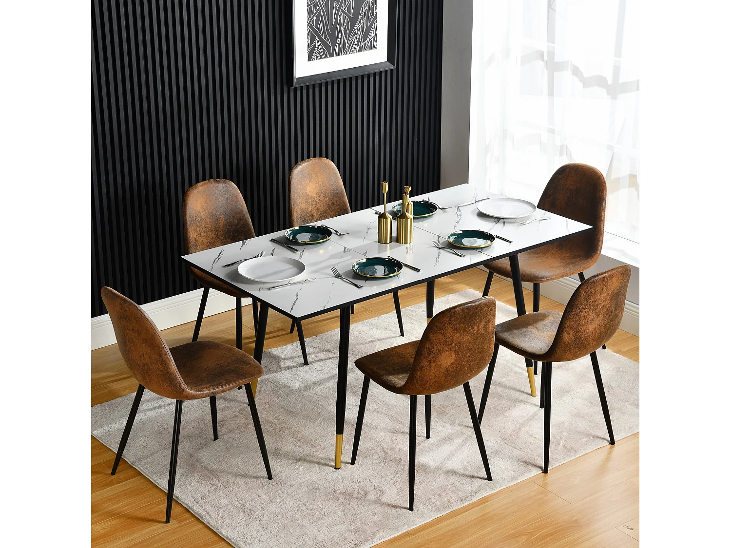 URBAN MEUBLE Ensemble table extensible marbre blanc et 6 chaises suède brun