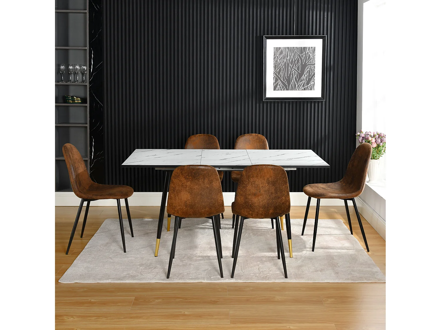 URBAN MEUBLE Ensemble table extensible marbre blanc et 6 chaises suède brun