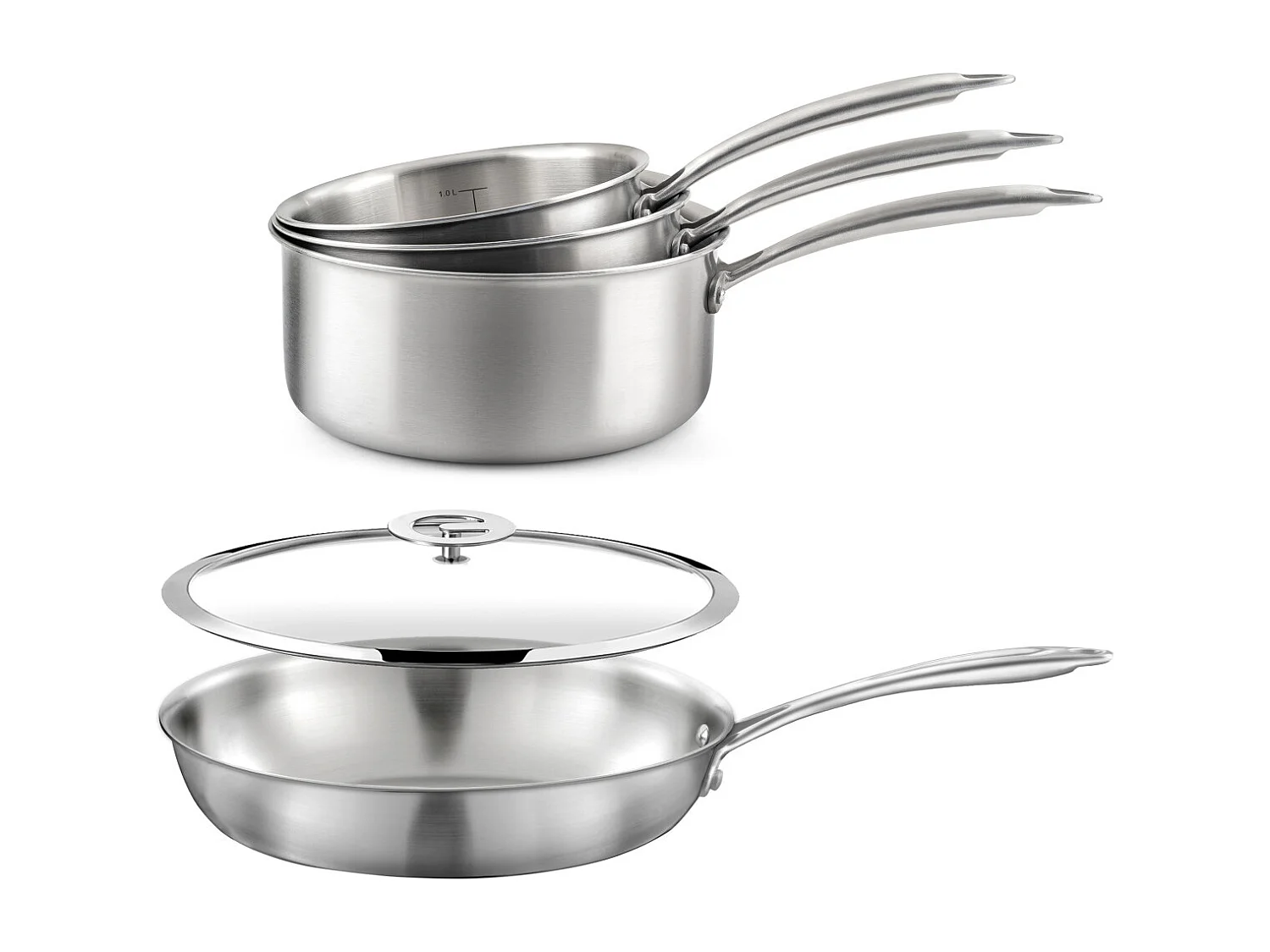 Gourmet – Lot de 3 casseroles inox 16/18/20 cm, 1 poêle inox 24 cm, 1 couvercle 24 cm