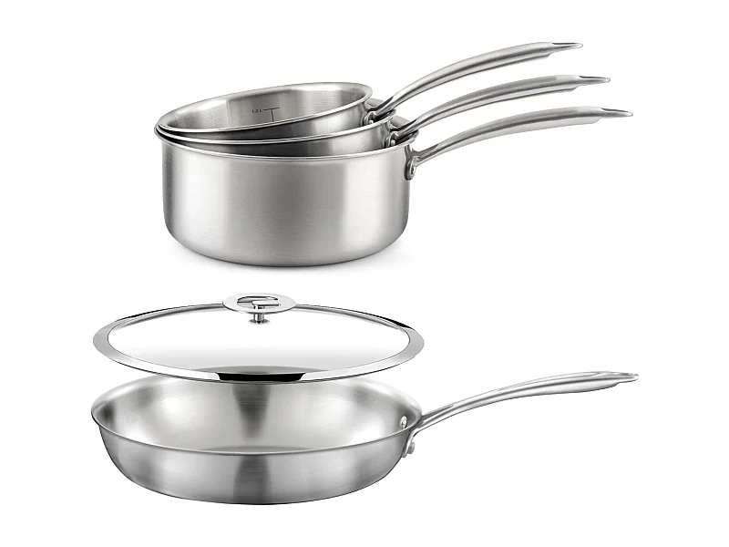 Gourmet – Lot de 3 casseroles inox 16/18/20 cm, 1 poêle inox 24 cm, 1 couvercle 24 cm