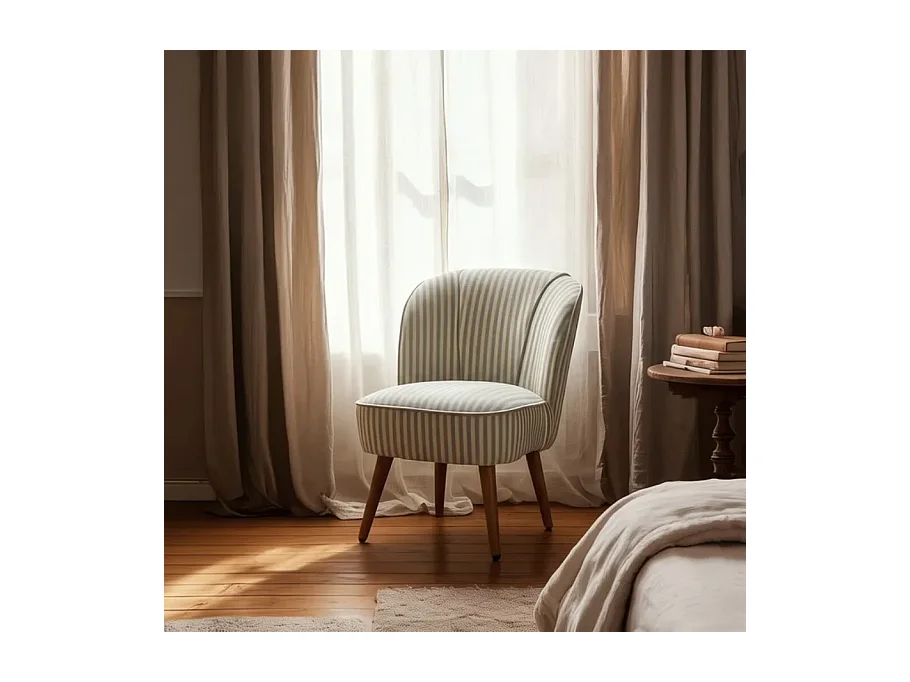 Fauteuil rayures vert sauge bois hévéa confort ELYSORA