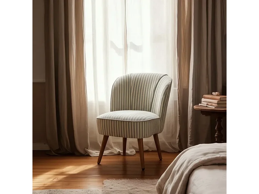 Fauteuil rayures vert sauge bois hévéa confort ELYSORA