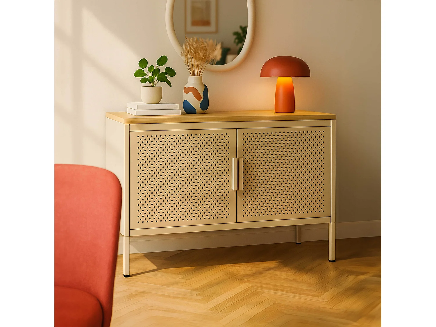 Buffet moderne 2 portes L100 cm en métal écru