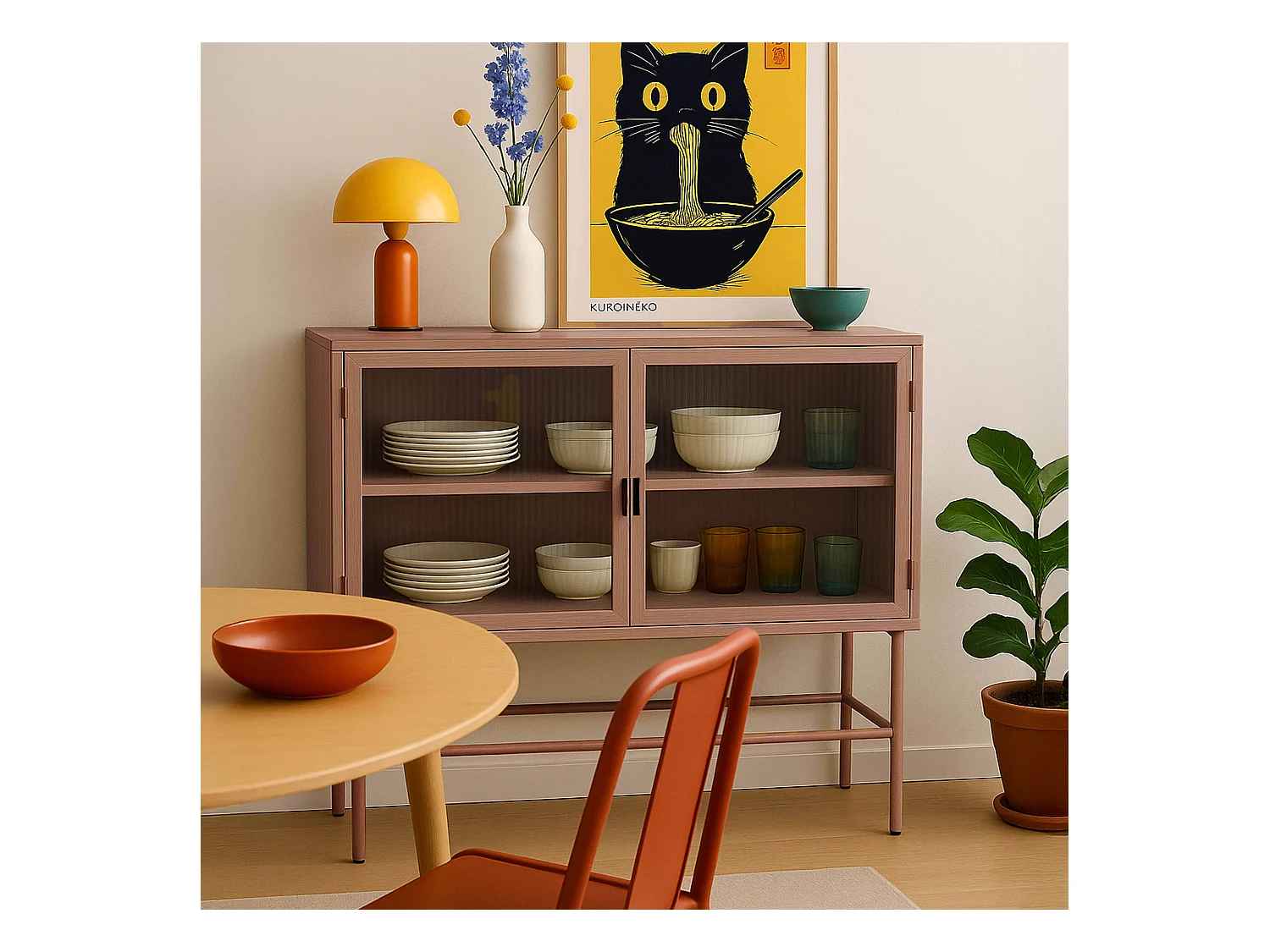 Buffet moderne 2 portes 110 cm en métal et verre marron