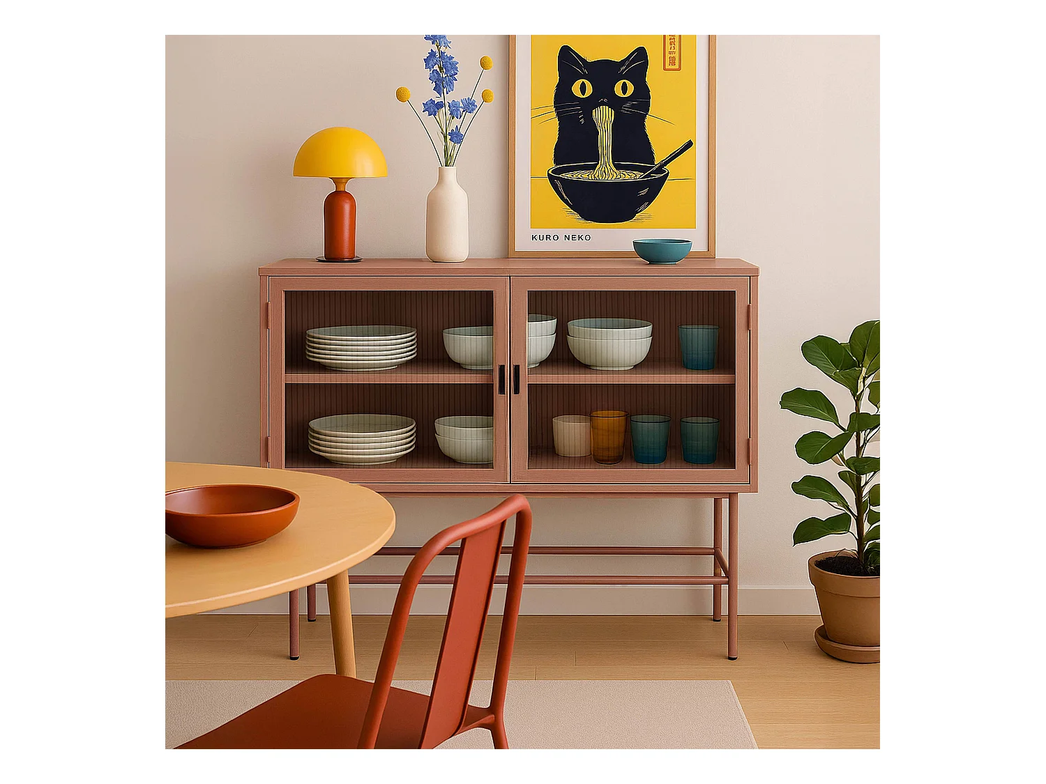 Buffet moderne 2 portes 110 cm en métal et verre marron