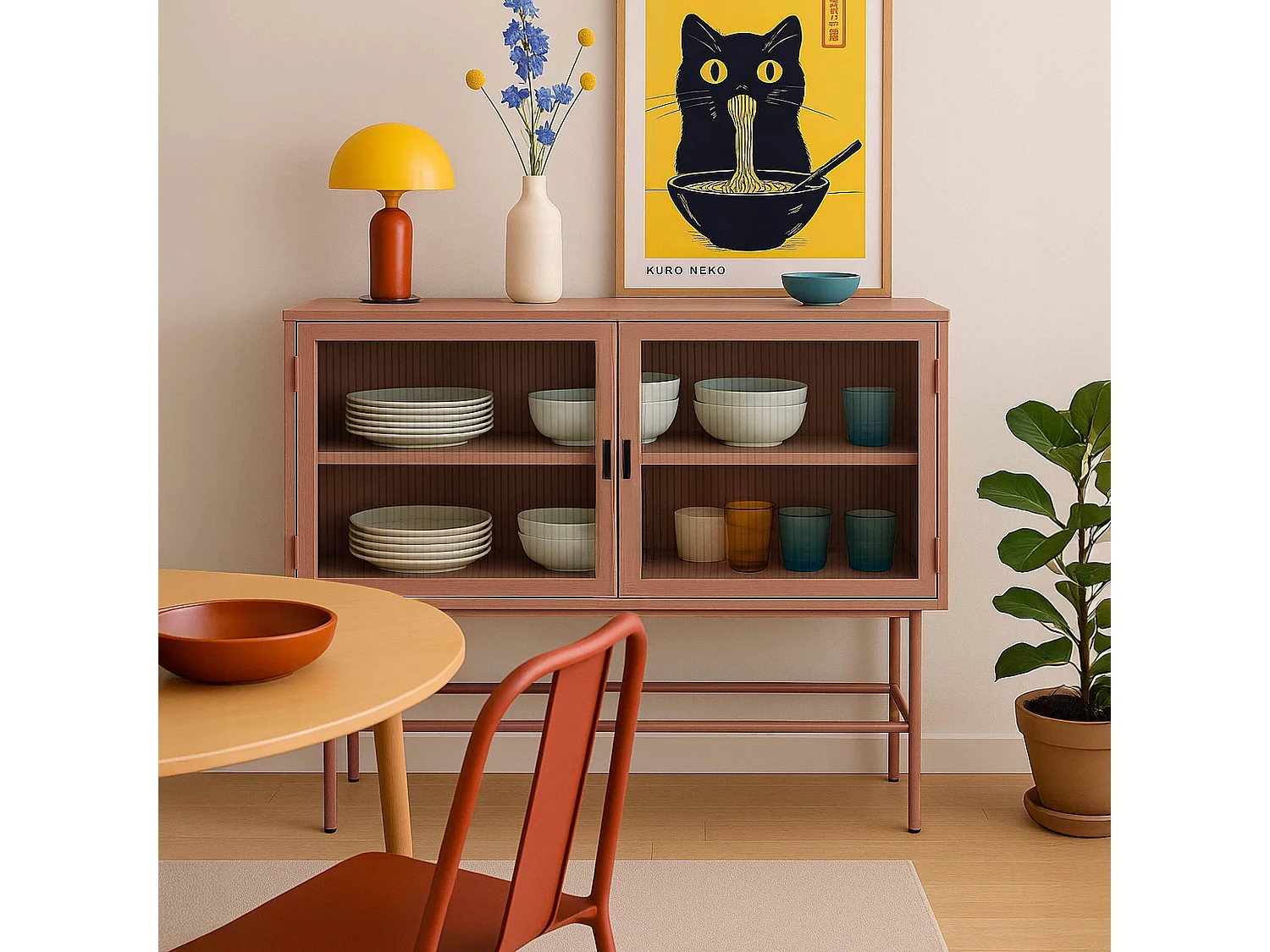 Buffet moderne 2 portes 110 cm en métal et verre marron