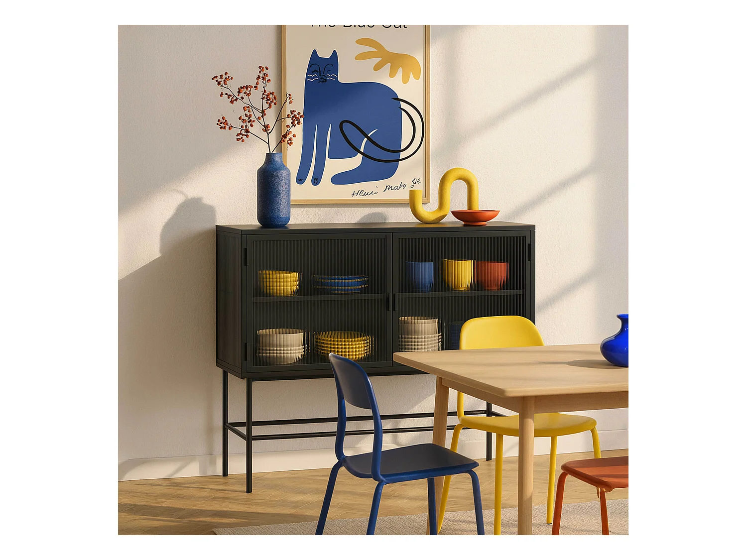 Buffet moderne 2 portes 110 cm en métal et verre noir