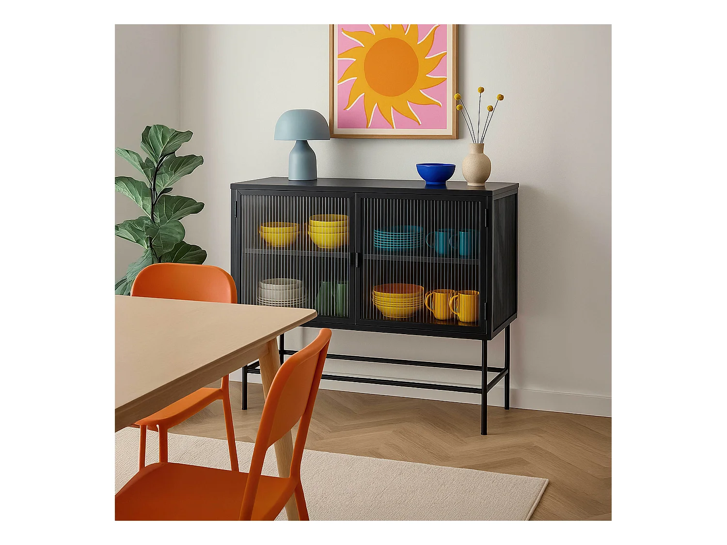 Buffet moderne 2 portes 110 cm en métal et verre noir