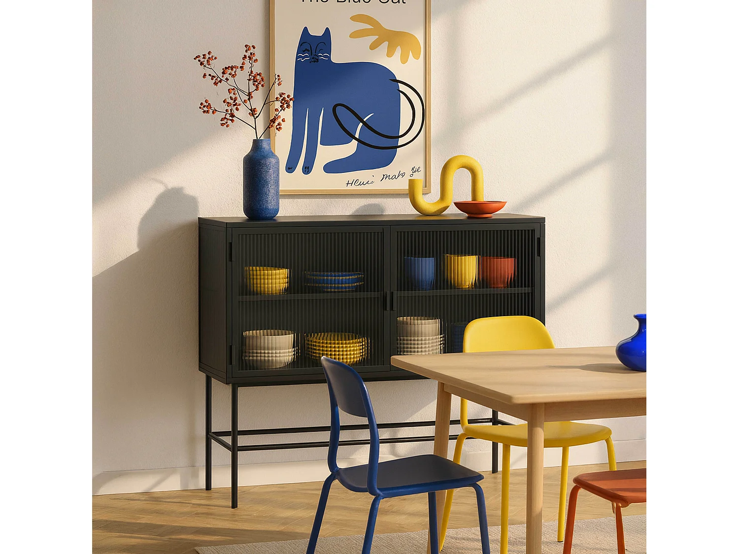 Buffet moderne 2 portes 110 cm en métal et verre noir