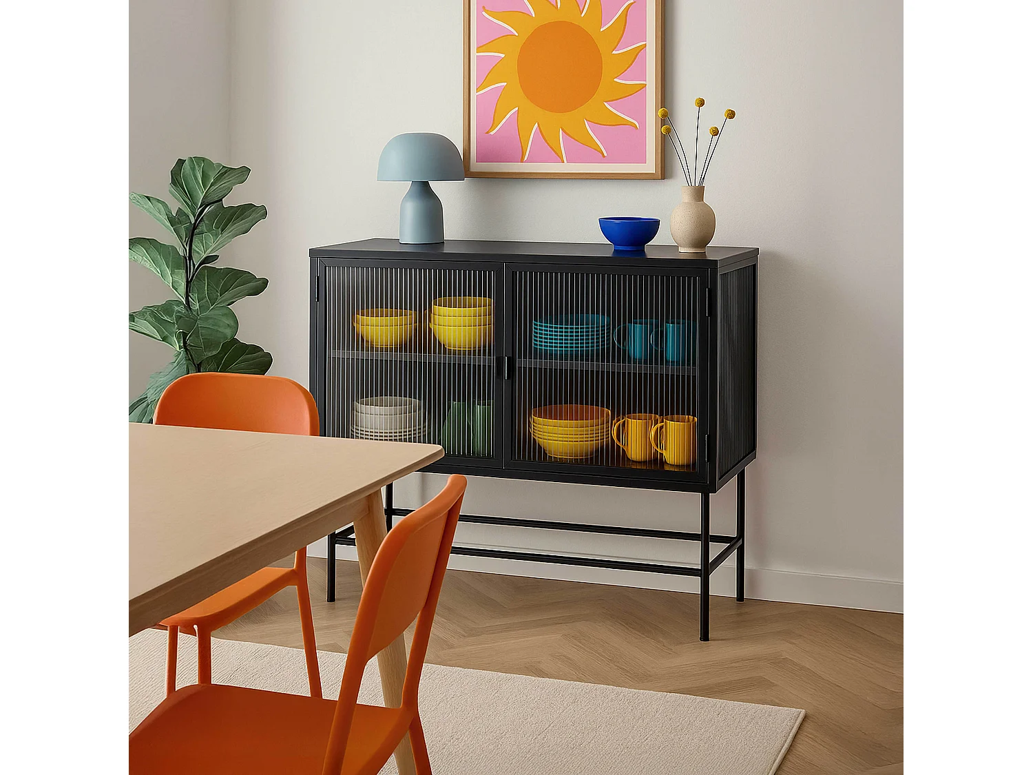 Buffet moderne 2 portes 110 cm en métal et verre noir