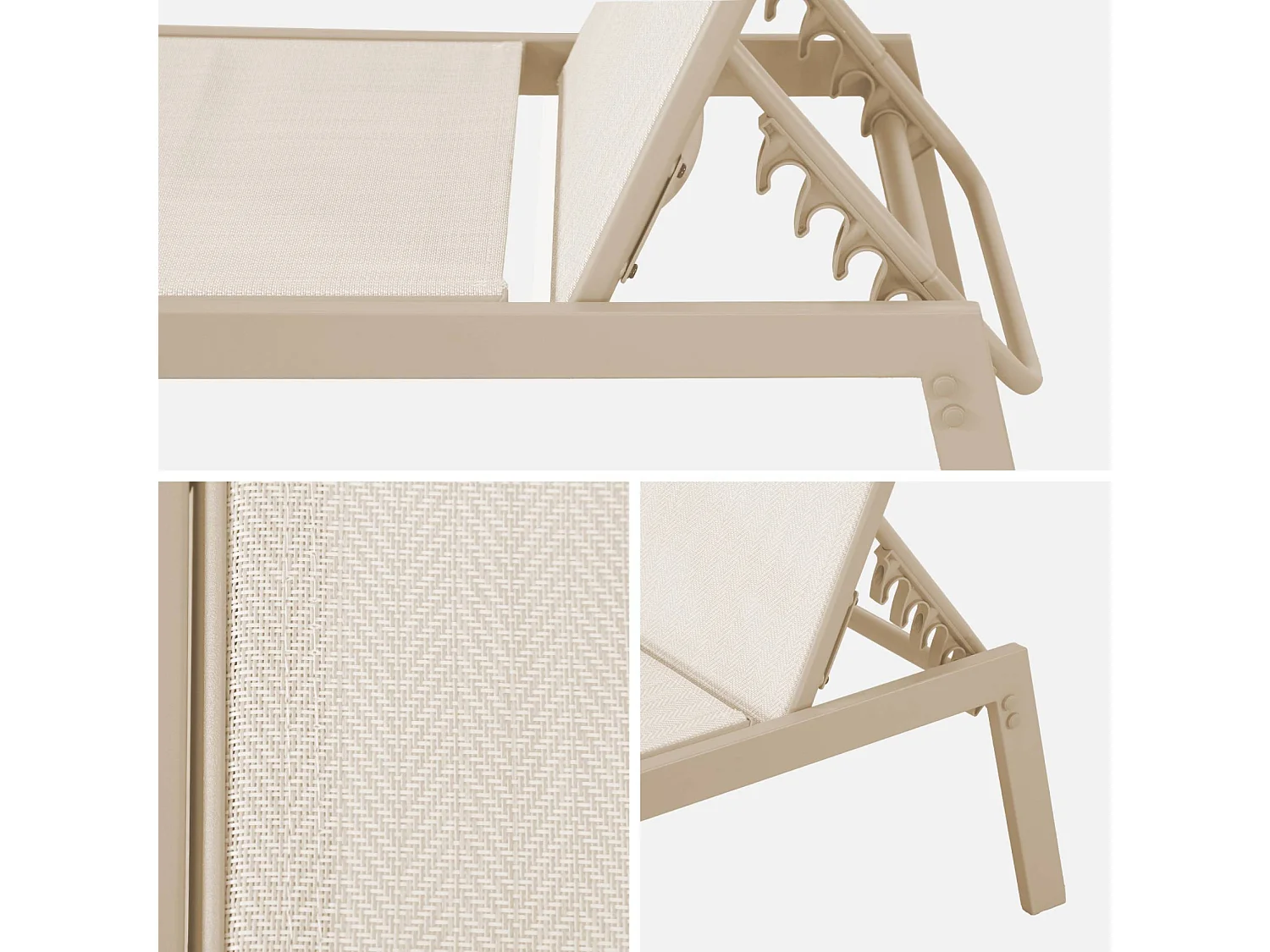 Lot de 2 transats beige. 5 positions. en textilène et métal. FLORA.  L155 x P59 x H106cm