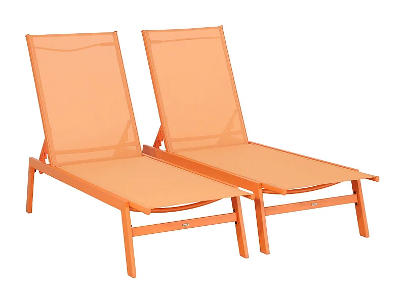 Lot de 2 transats. 5 positions. en textilène orange et métal L155 x P59 x H106cm