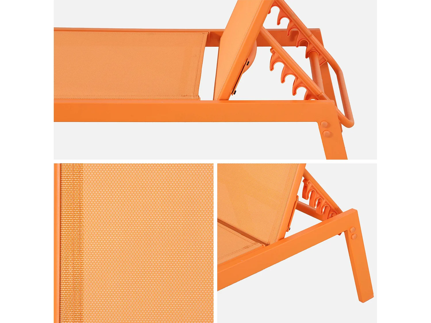 Lot de 2 transats. 5 positions. en textilène orange et métal L155 x P59 x H106cm