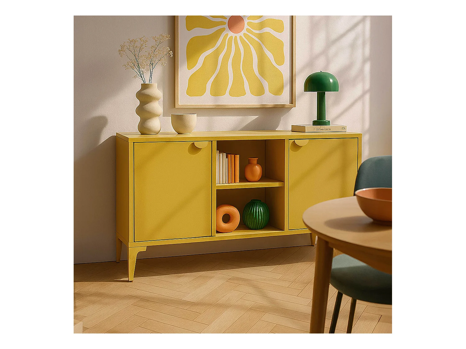 Moderne buffetkast met 2 deuren L120 cm van geel metaal