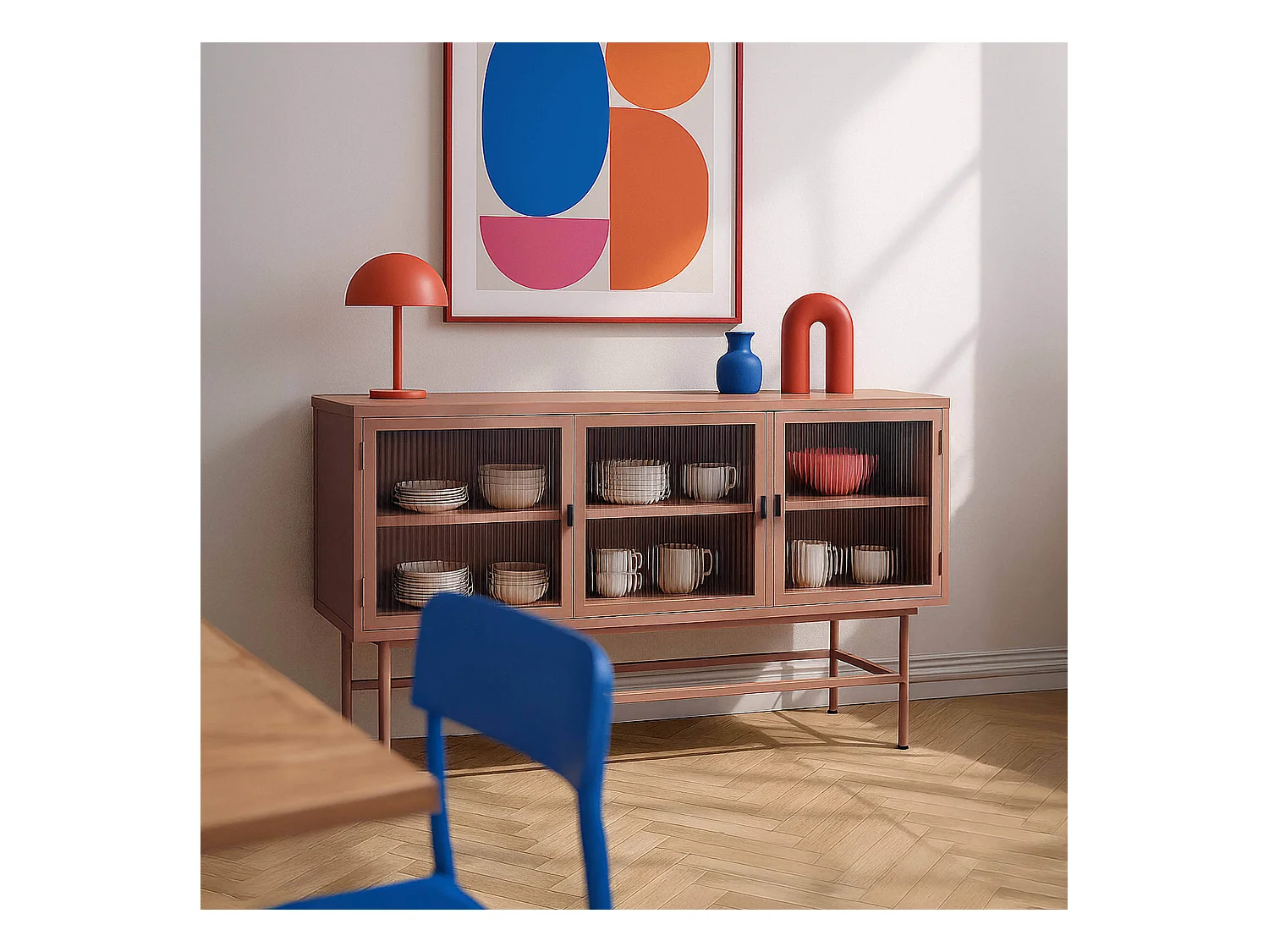 Buffet moderne 3 portes 120 cm en métal et verre marron