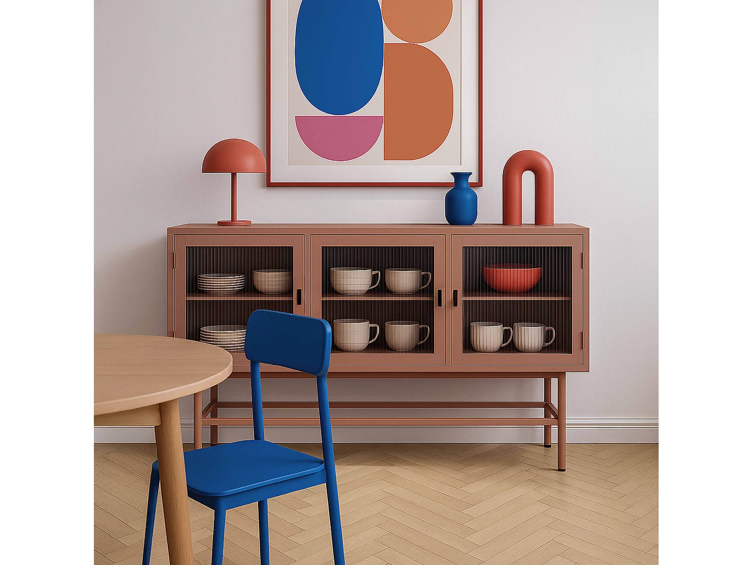 Buffet moderne 3 portes 120 cm en métal et verre marron