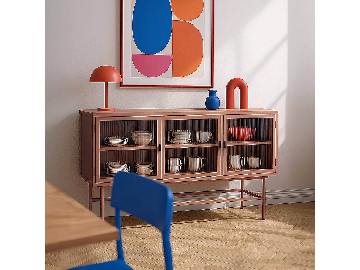 Buffet moderne 3 portes 120 cm en métal et verre marron