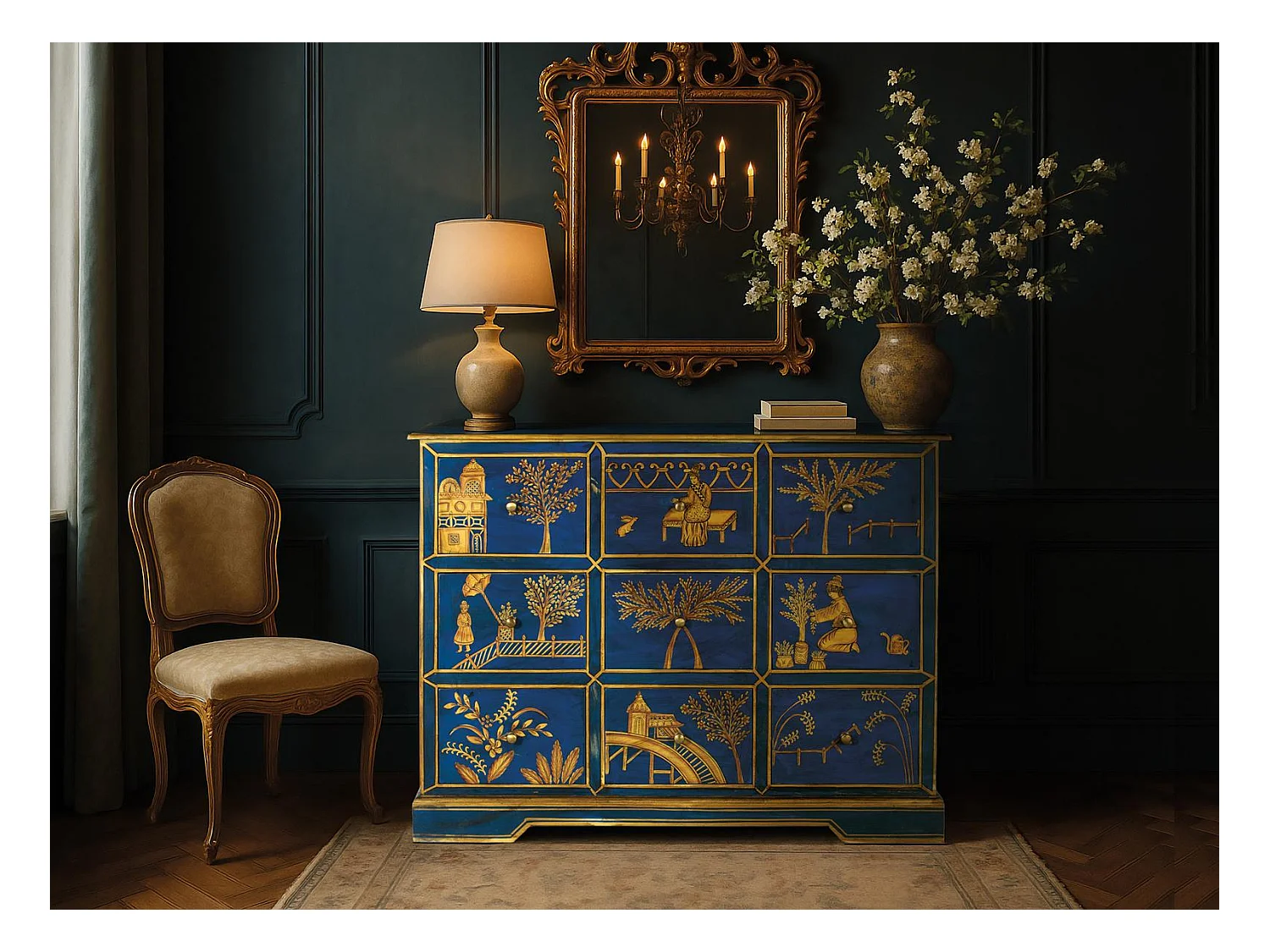 Buffet avec 9 tiroirs peints à la main et accents dorés