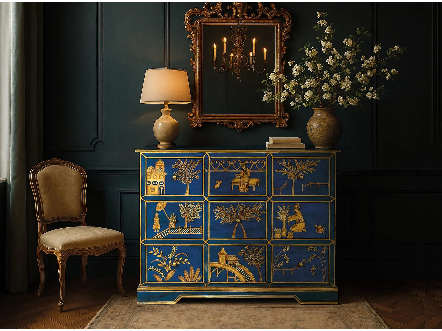 Aparador con 9 cajones pintados a mano y detalles dorados