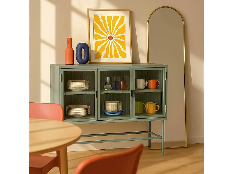 Buffet moderne 3 portes 120 cm en métal et verre vert sauge