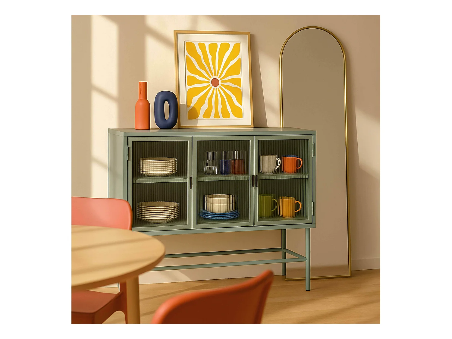 Buffet moderne 3 portes 120 cm en métal et verre vert sauge