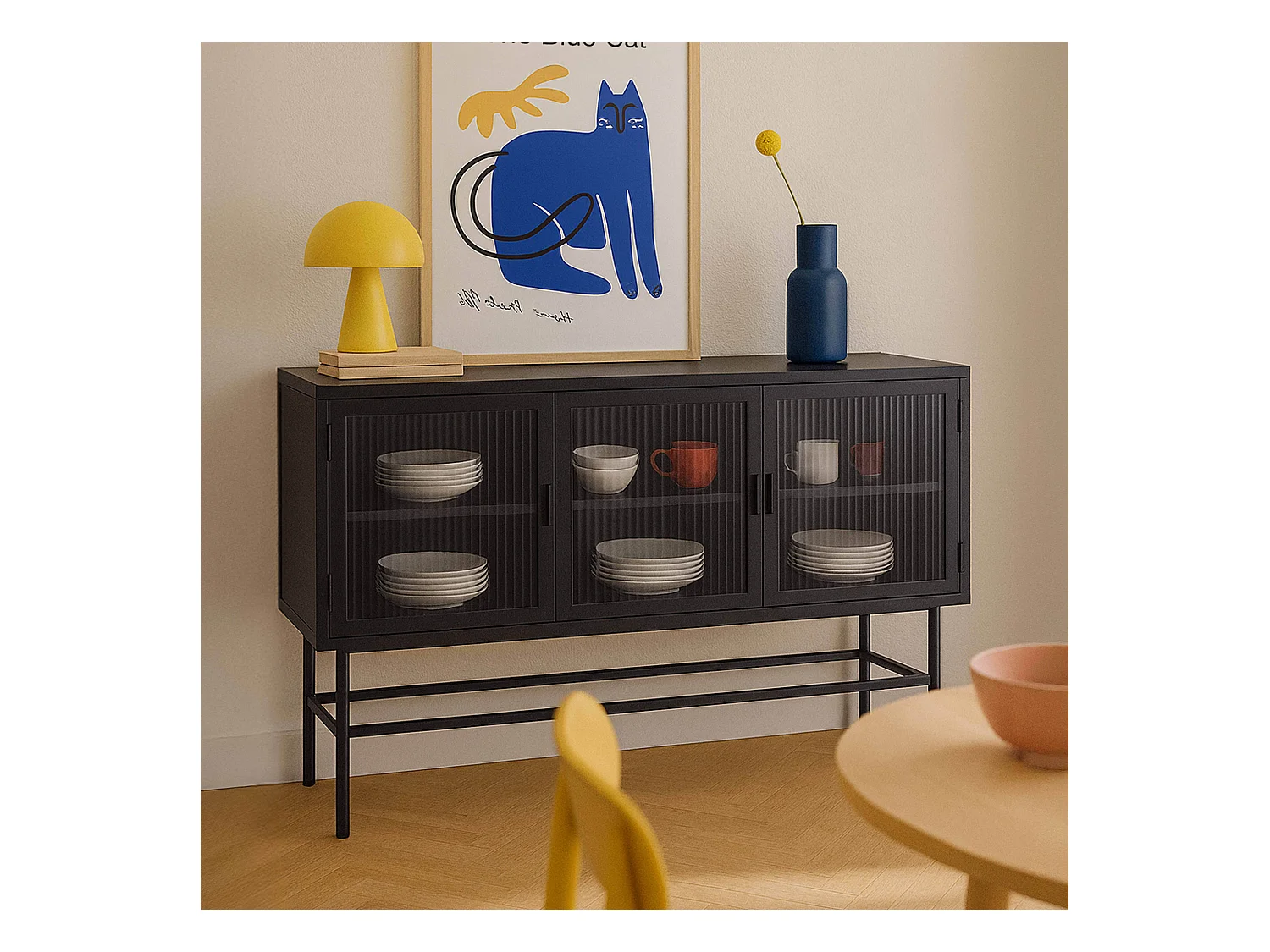 Buffet moderne 3 portes 120 cm en métal et verre noir