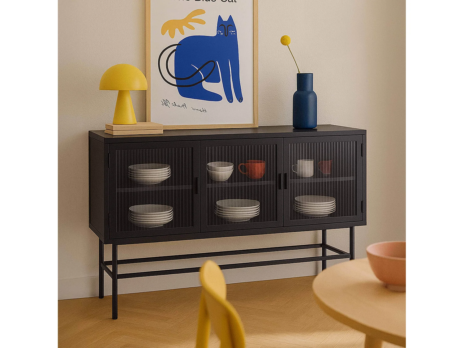 Buffet moderne 3 portes 120 cm en métal et verre noir