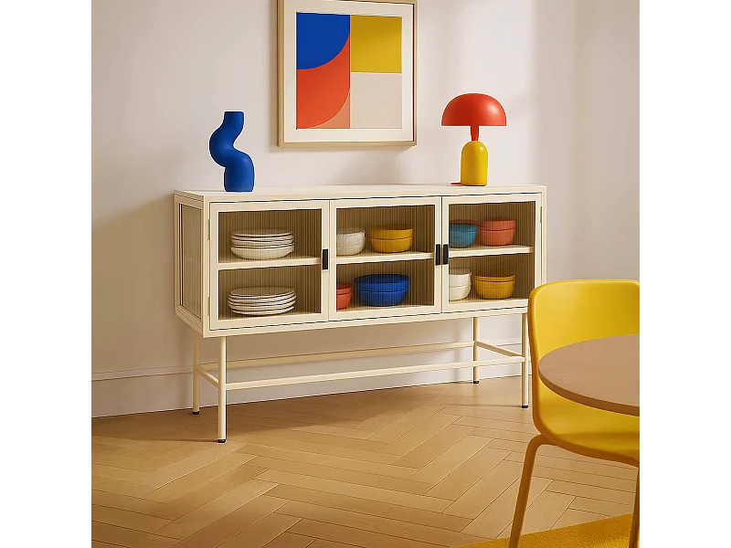 Buffet moderne 3 portes 120 cm en métal et verre écru