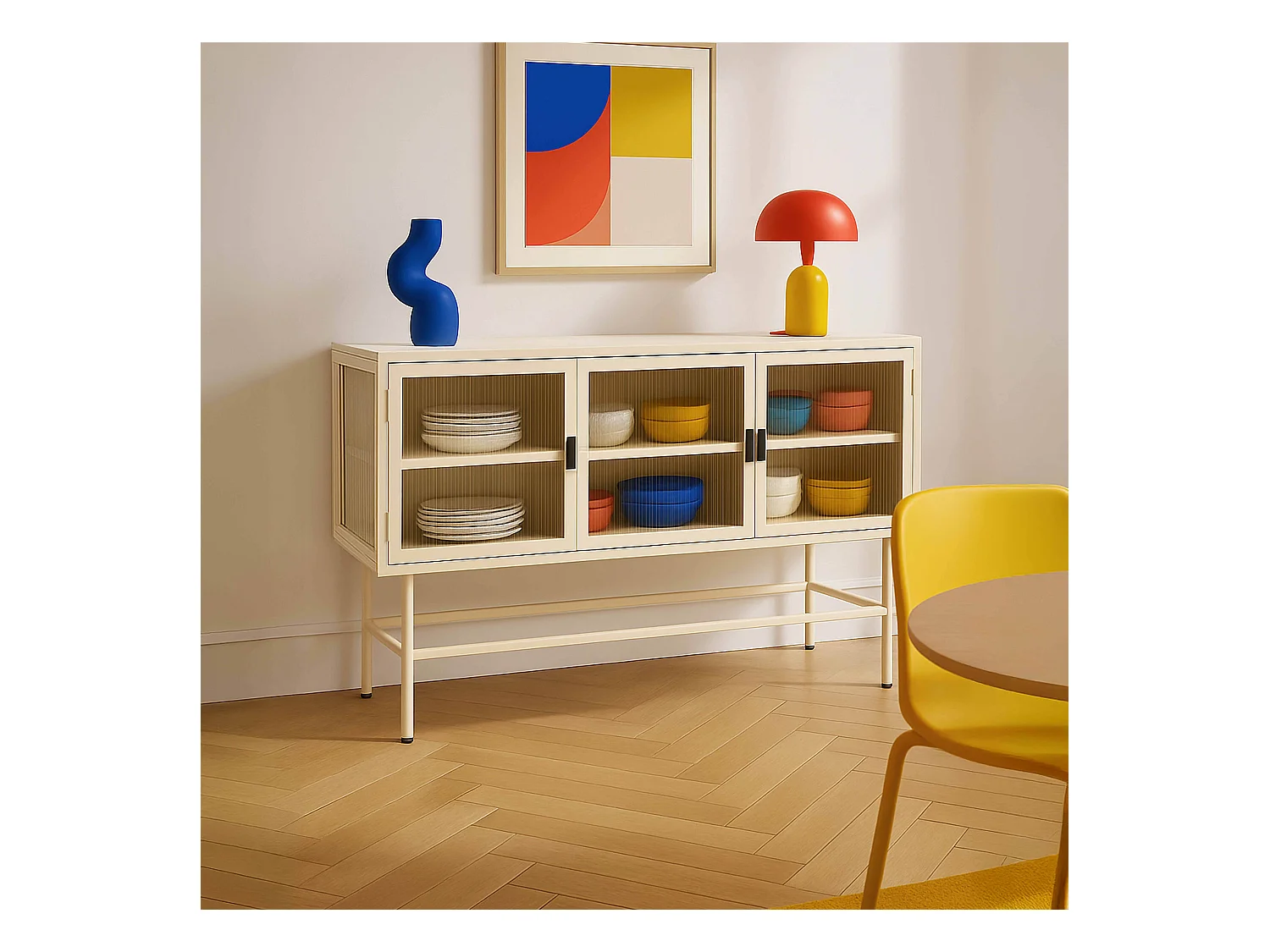 Buffet moderne 3 portes 120 cm en métal et verre écru