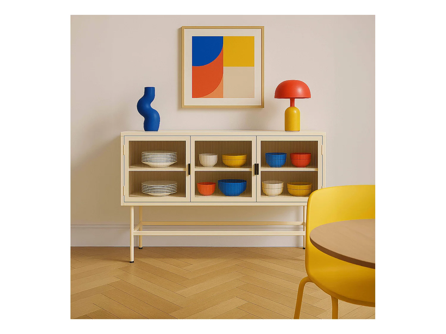 Buffet moderne 3 portes 120 cm en métal et verre écru