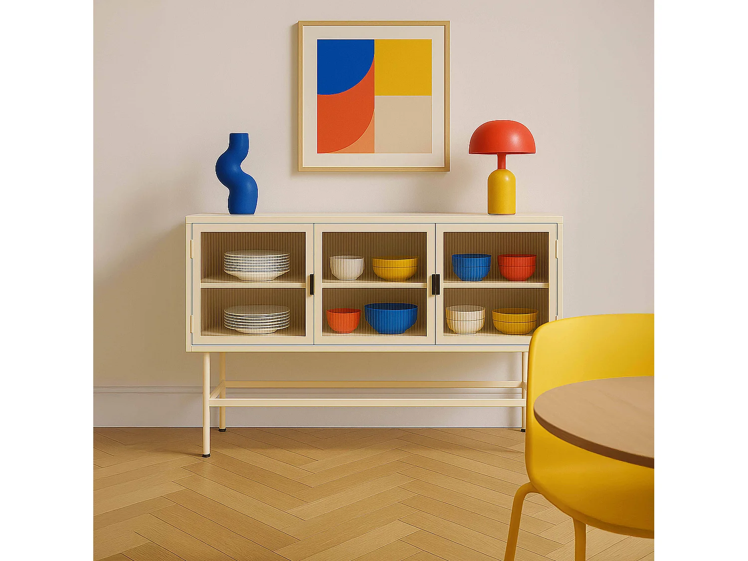 Buffet moderne 3 portes 120 cm en métal et verre écru