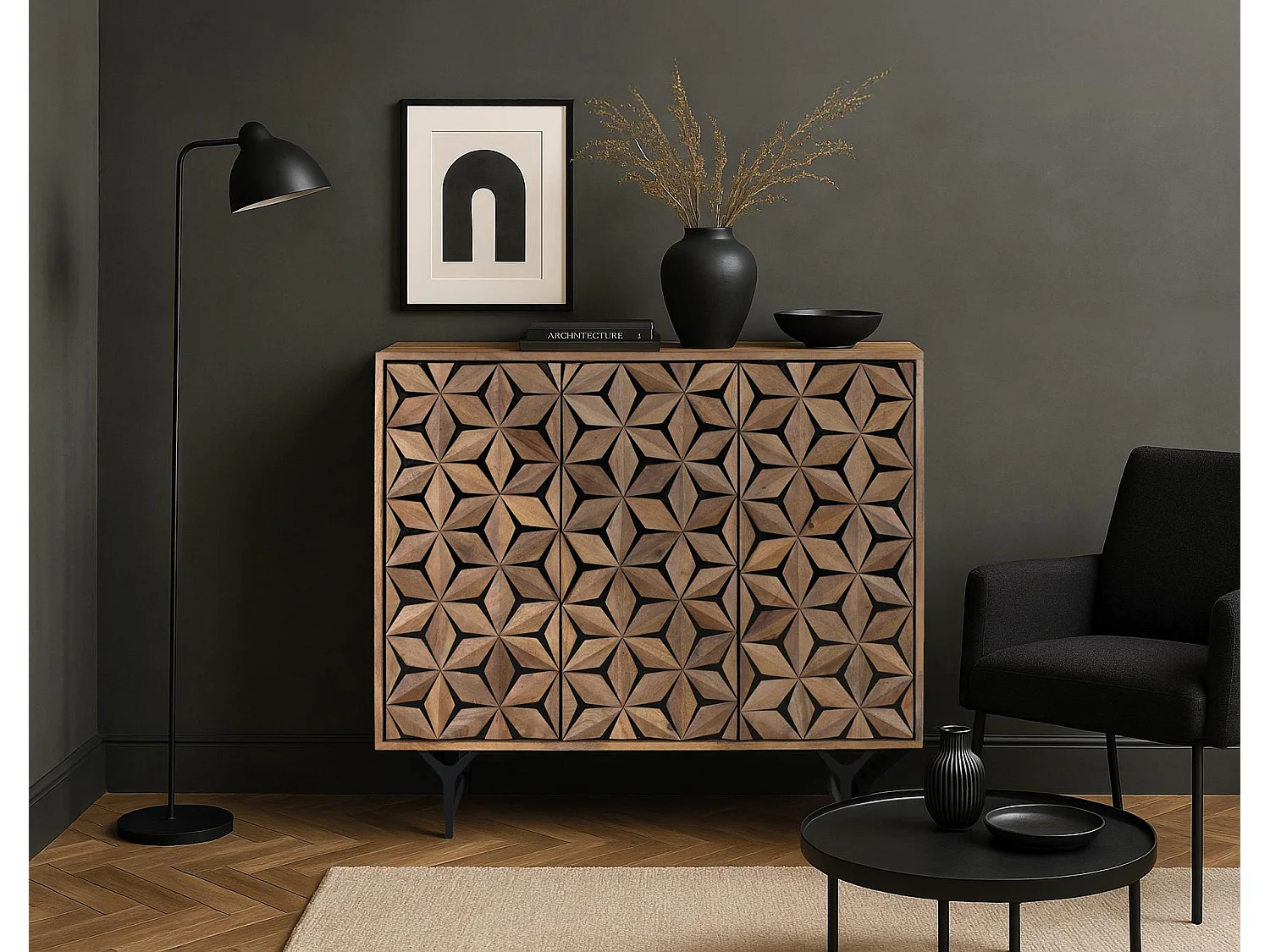 Buffet en bois de manguier, style géométrique contemporain - 90 x 100 x 40