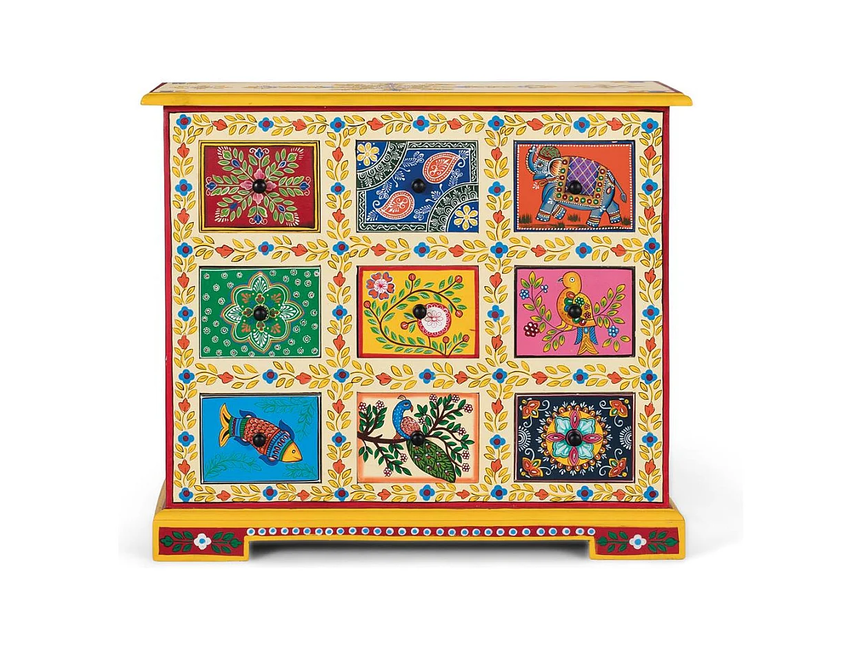 Buffet avec 9 tiroirs multicolores peints à la main bois masif