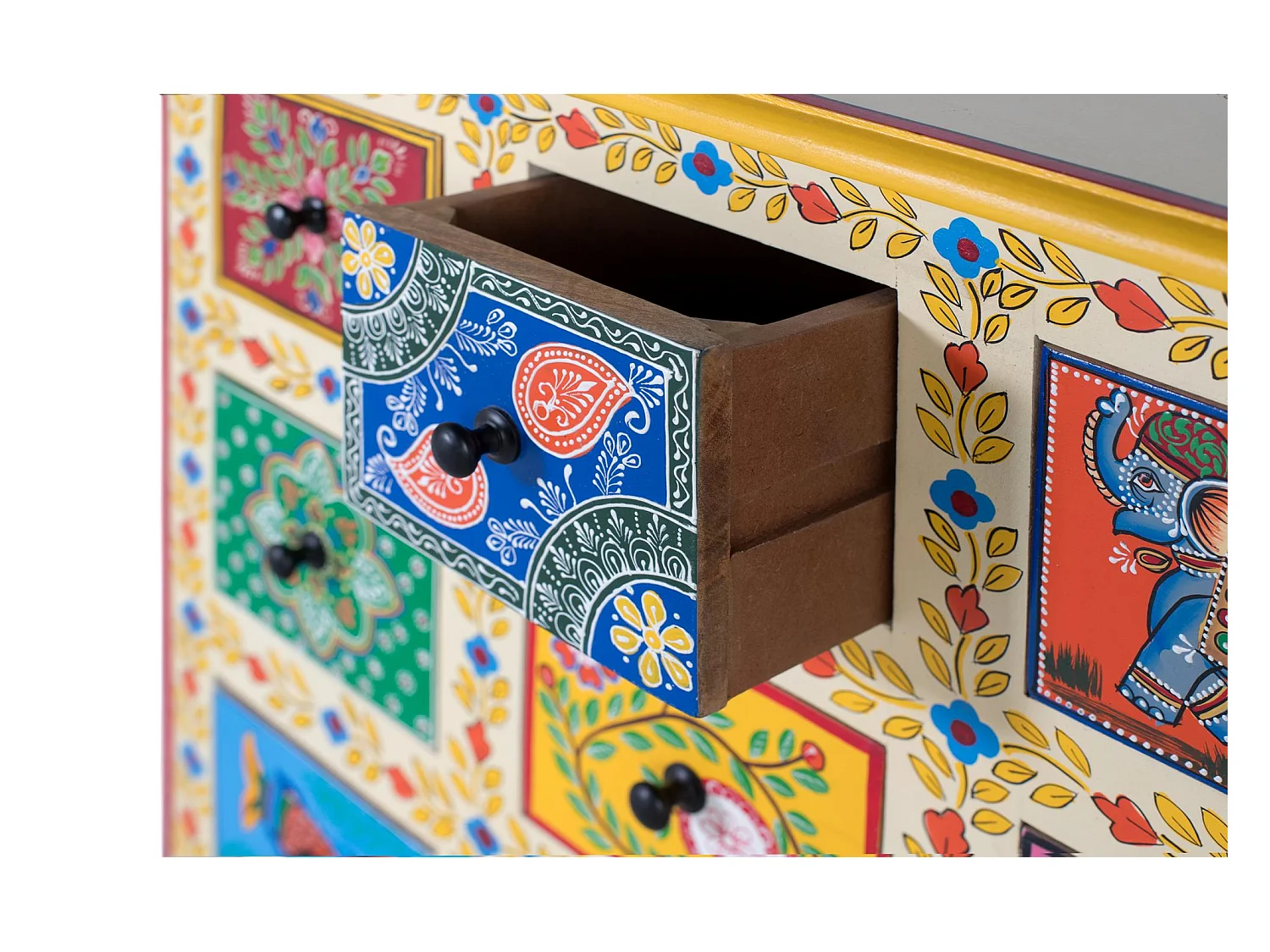 Buffet avec 9 tiroirs multicolores peints à la main bois masif