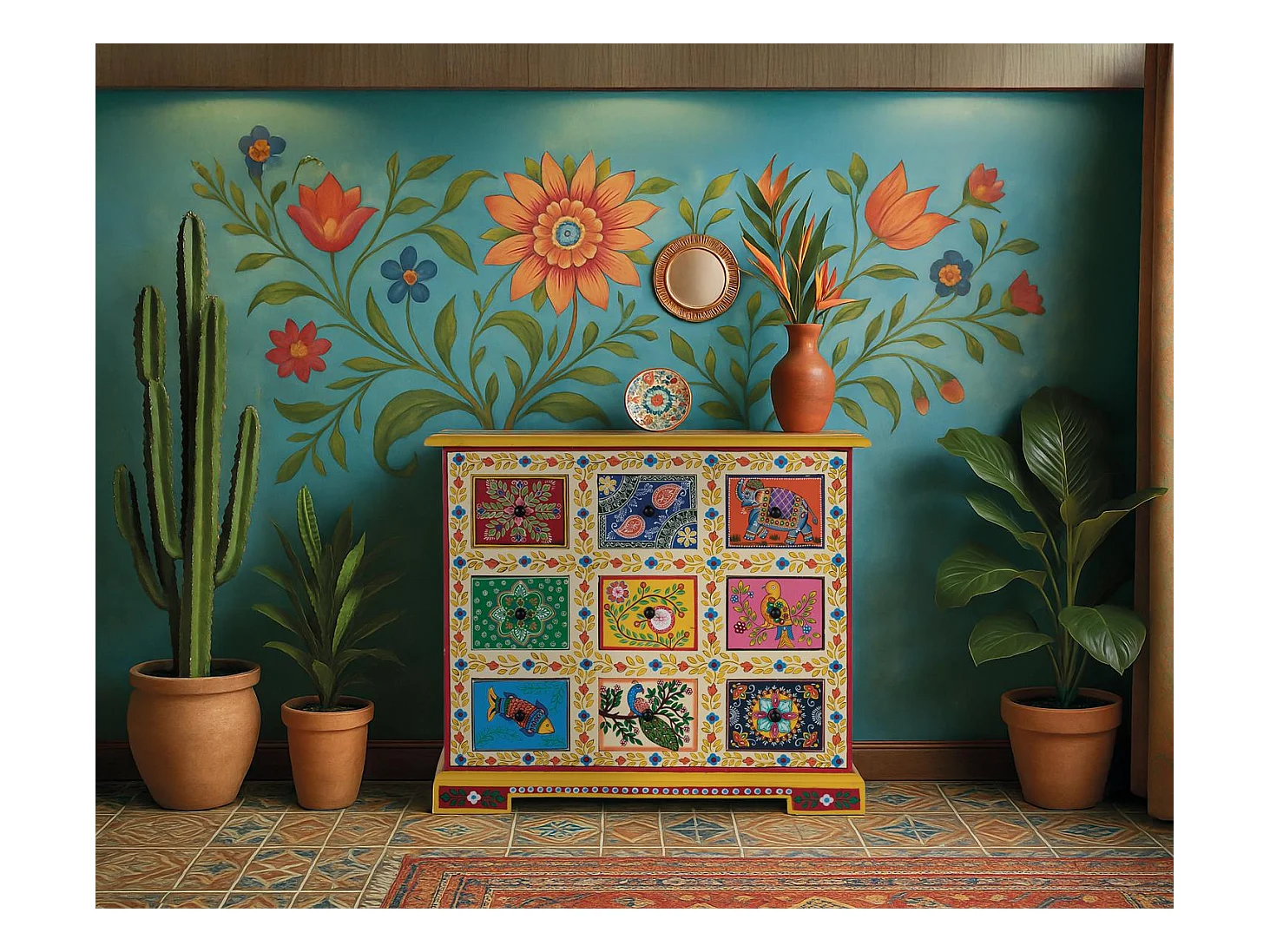 Buffet avec 9 tiroirs multicolores peints à la main bois masif