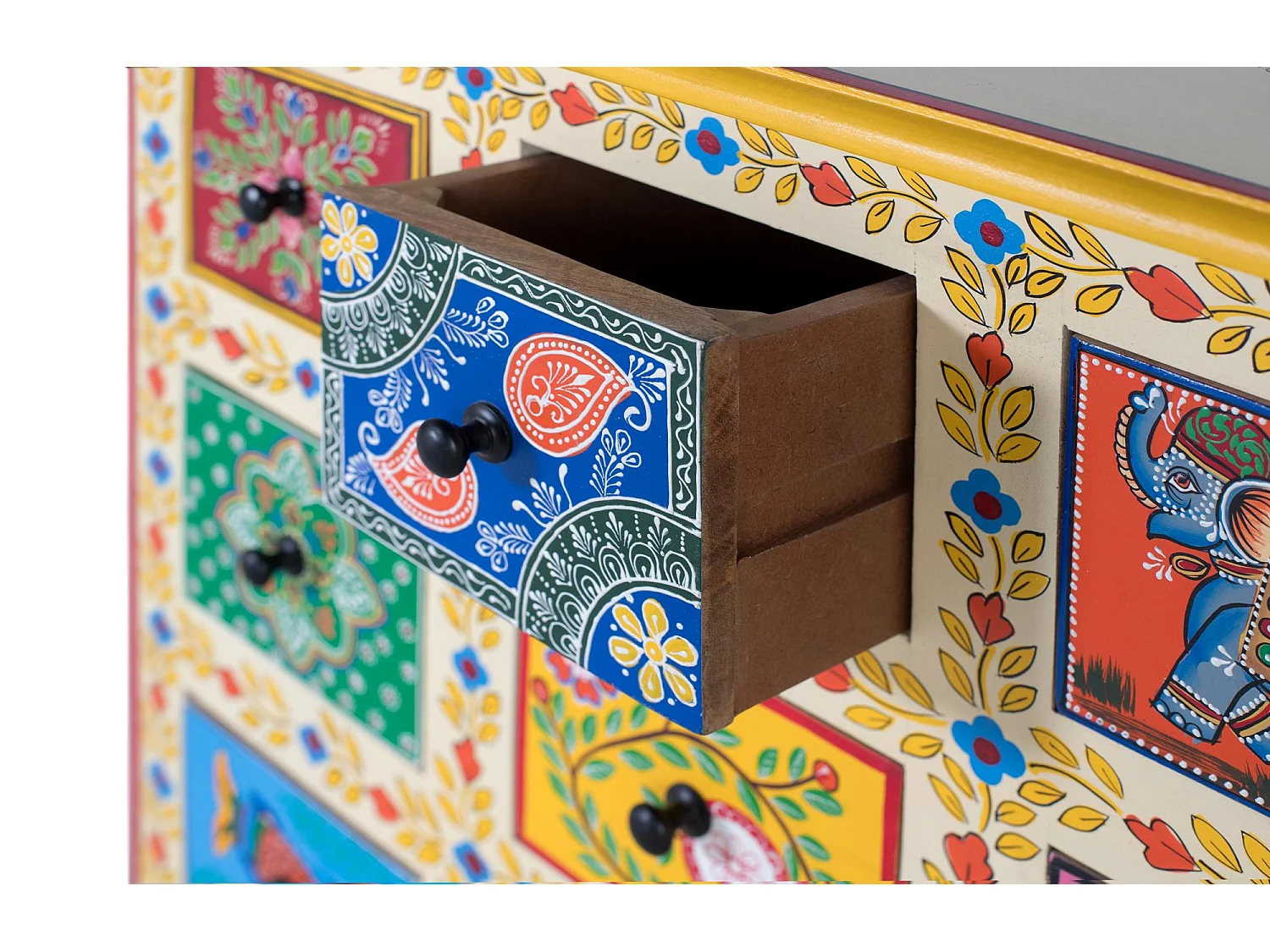 Buffet avec 9 tiroirs multicolores peints à la main bois masif
