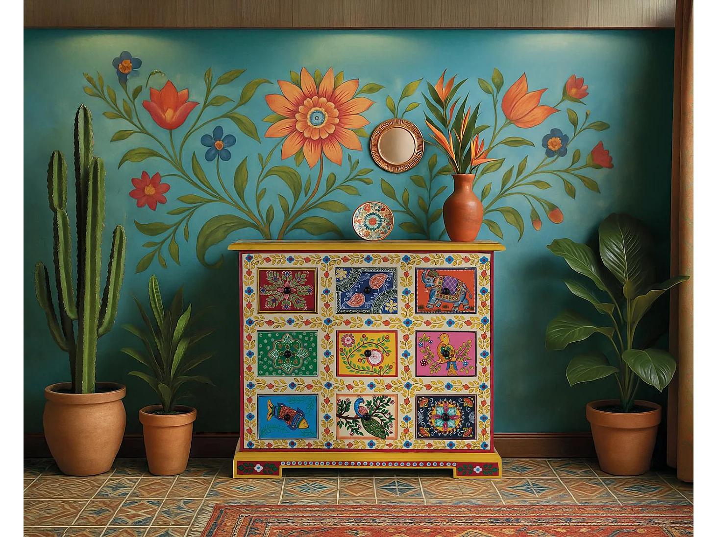 Credenza con 9 cassetti multicolori dipinti a mano