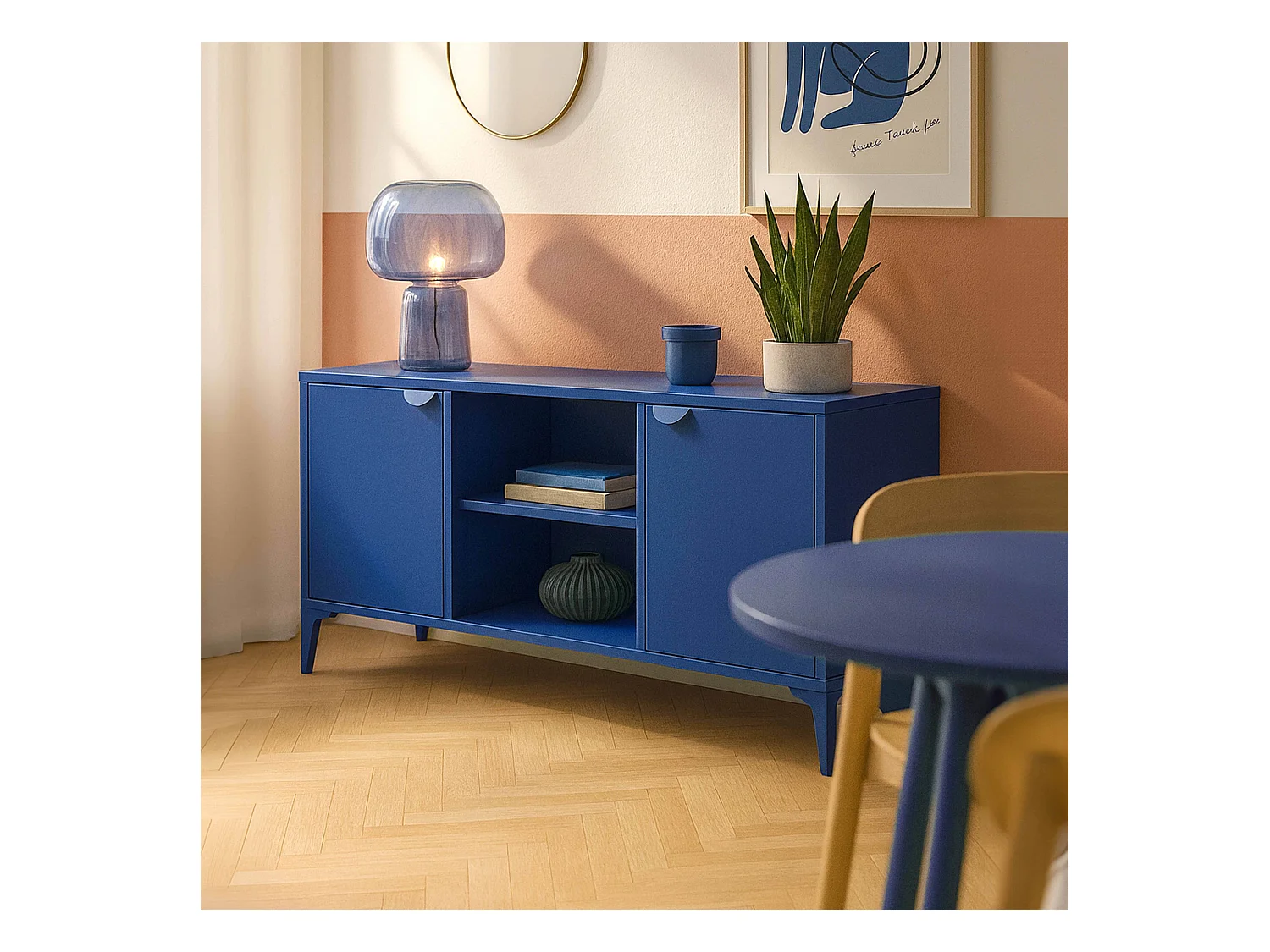 Moderne buffetkast met 2 deuren L120 cm van donkerblauw metaal