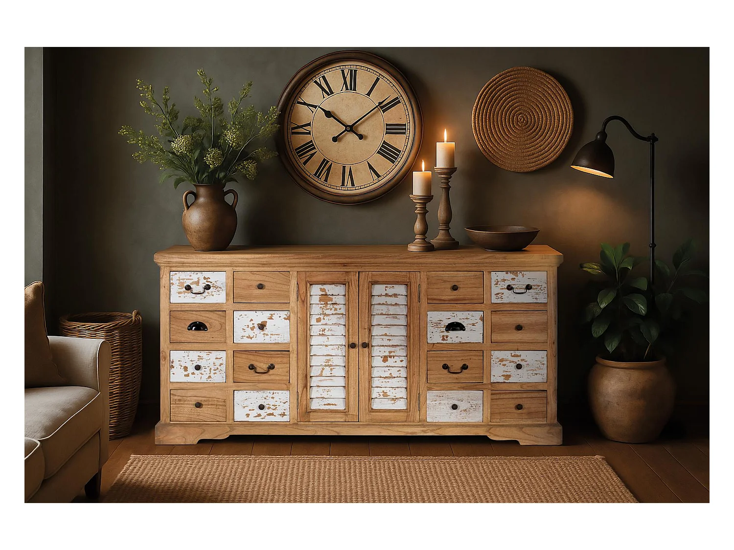 Sideboard aus massivem Mindiholz mit 12 Schubladen und 2 Türen